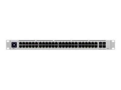 Frontansicht eines 48-Port-Rackmount-Ethernet-Netzwerk-Switches mit zusätzlichen Uplink-Ports und Rack-Ohren