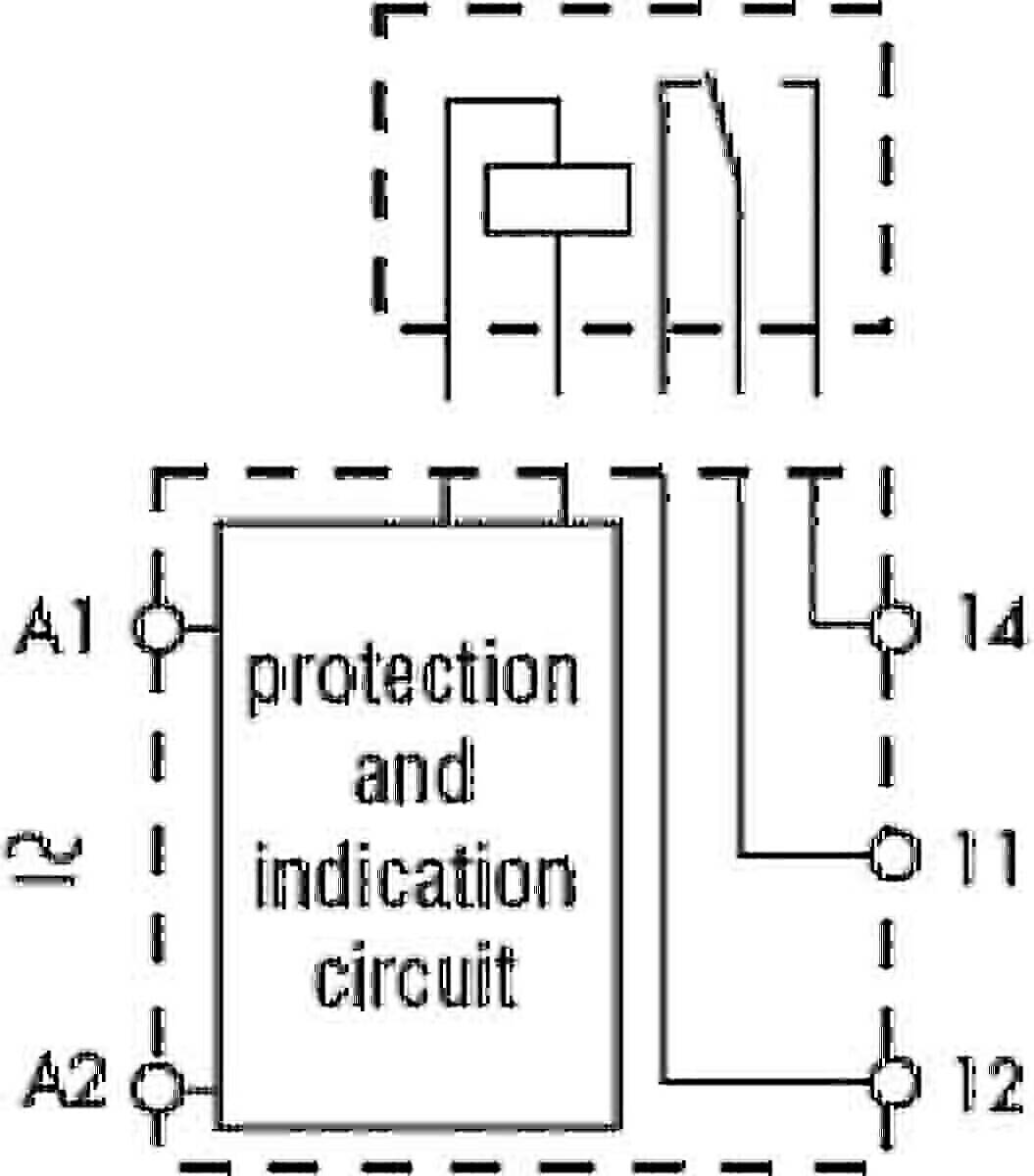 Schematische Darstellung eines Schutz- und Anzeigenschaltkreises. Eingänge mit A1, A2 beschriftet und Ausgänge mit 11, 14 gekennzeichnet. Schaltkreispfade werden mit gestrichelten Linien dargestellt.