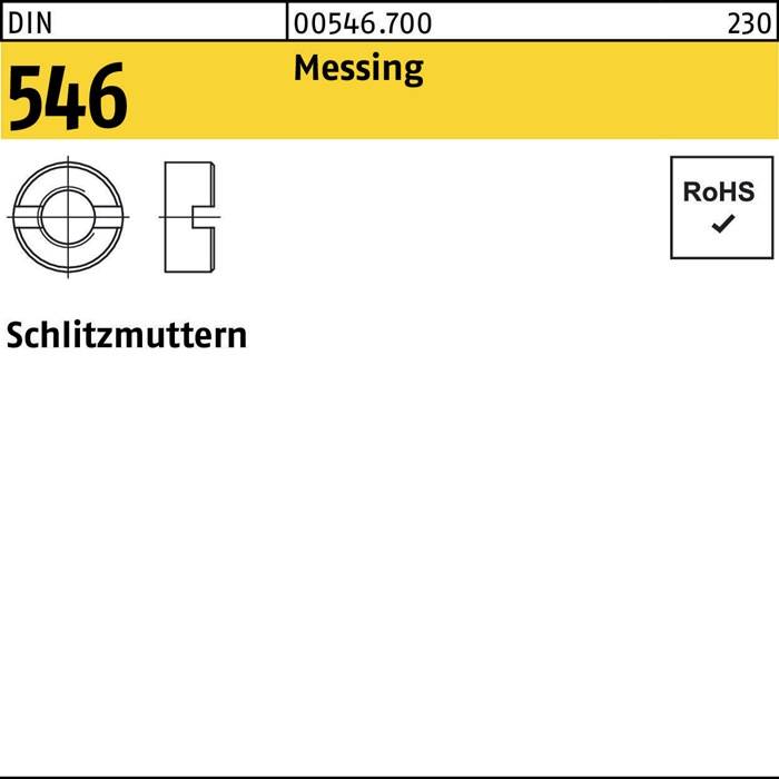 546 Schlitzmuttern, DIN 546, Messing, RoHS-konform' mit technischer Zeichnung der Mutter, DIN-Bezeichnung und RoHS-Konformität angegeben.