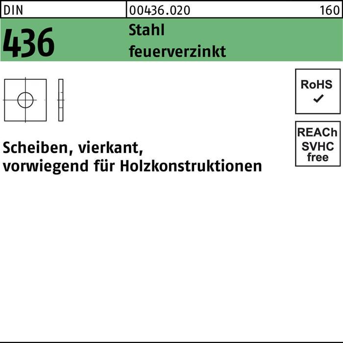 436l, Stahl, verzinkt, Quadratunterlegscheibe für Holzbau. Konform: RoHS, SVHC-frei.