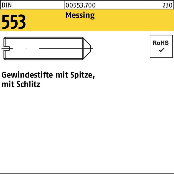 DIN 553 Messing Gewindestifte mit Spitze, mit Schlitz, RoHS-konform gekennzeichnet.