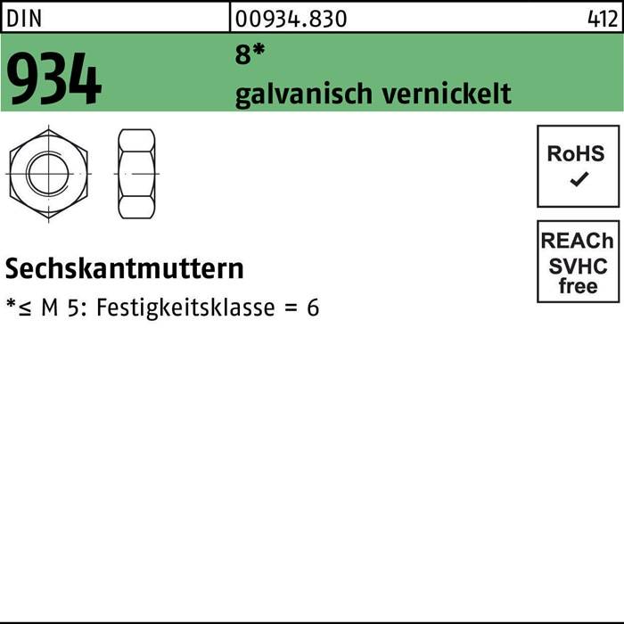 Sechskantmuttern 934, galvanisch vernickelt, M 5: Festigkeitsklasse = 6, RoHS, REACH frei, Artikelnummer 00934.830, SVHC 0%.