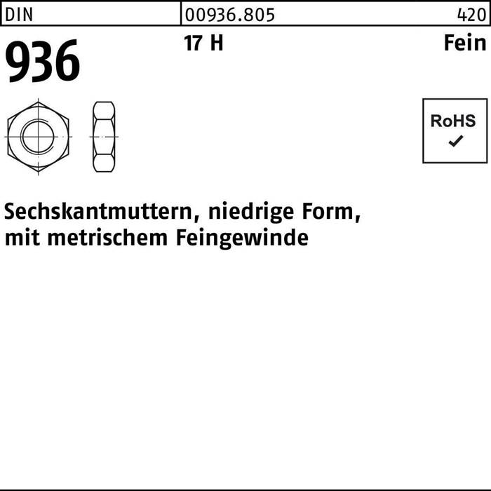 Diagramm einer Sechskantmutter mit metrischem Feingewinde, beschriftet mit 'SECHSKANTMUTTERN'. Enthält Produktcode '00936.805', RoHS-konform.