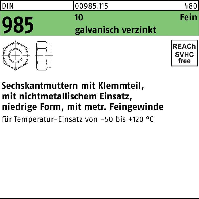 Sechskantmutter DIN 985 Klemmteil M20x 2 10 galv.verz. 50 Stück
