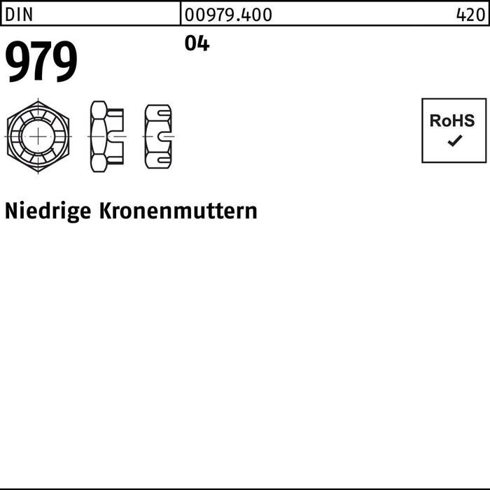Eine technische Zeichnung, die eine niedrige Kronenmutter mit der Bezeichnung 'NIEDRIGE KRONENMUTTERN' und den Spezifikationen 'DIN 979', '0097.400', '04' und 'RoHS' zeigt.