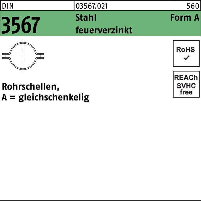 Technische Zeichnung einer Rohrschelle, beschriftet mit 'Rohrschellen, A = gleichschenklig'. Zeigt Spezifikationen und Konformitätssymbole für RoHS und REACH.
