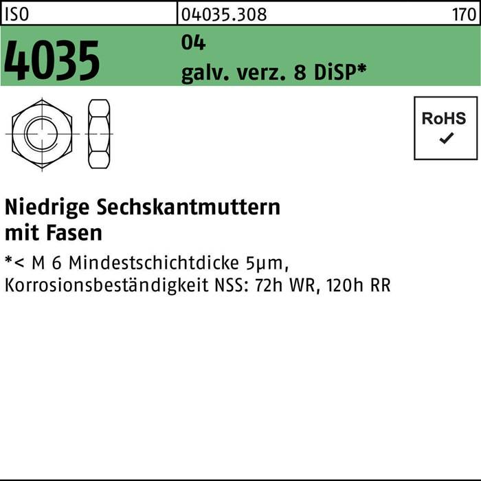 Technische Zeichnung von Sechskantmuttern ohne Fase. Spezifikationen: 'M 6, minimale Beschichtungsdicke: 5 μm, Korrosionsbeständigkeit: 72h WR, 120h RR'.