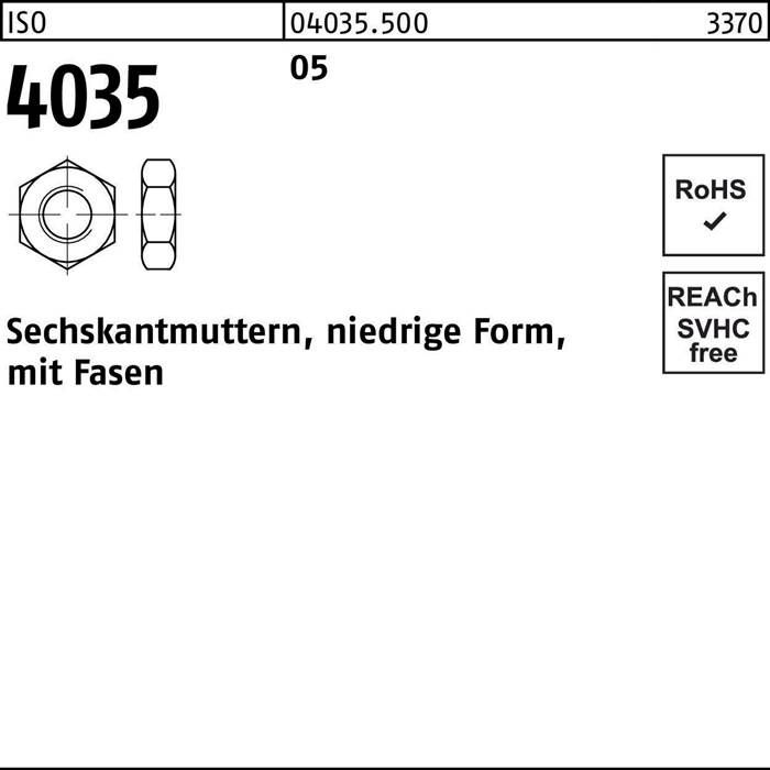 Sechskantmuttern, niedrige Form, mit Feingewinde 4035, gekennzeichnet mit RoHS- und REACH-Konformitätszeichen.