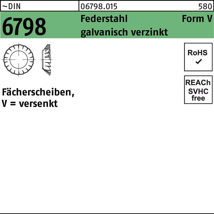 Diagramm einer Fächerscheibe, beschriftet mit 'Fächerscheiben V = versenkt' mit Spezifikationen '06798.015,' 'Federstahl galvanisch verzinkt,' und 'Form V.