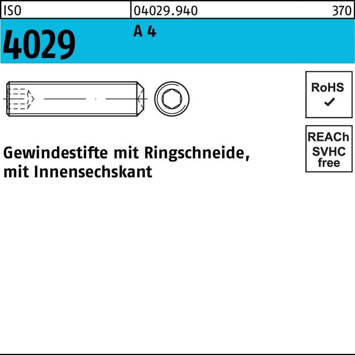 Das Bild zeigt eine technische Produktetikette für ein sechseckiges Teil mit einer detaillierten Grafik, der Produktnummer '4029' und den Codes: '04029.940', 'A4', '370'. Enthält die Zertifizierungen 'RoHS' und 'REACH SVHC frei'.