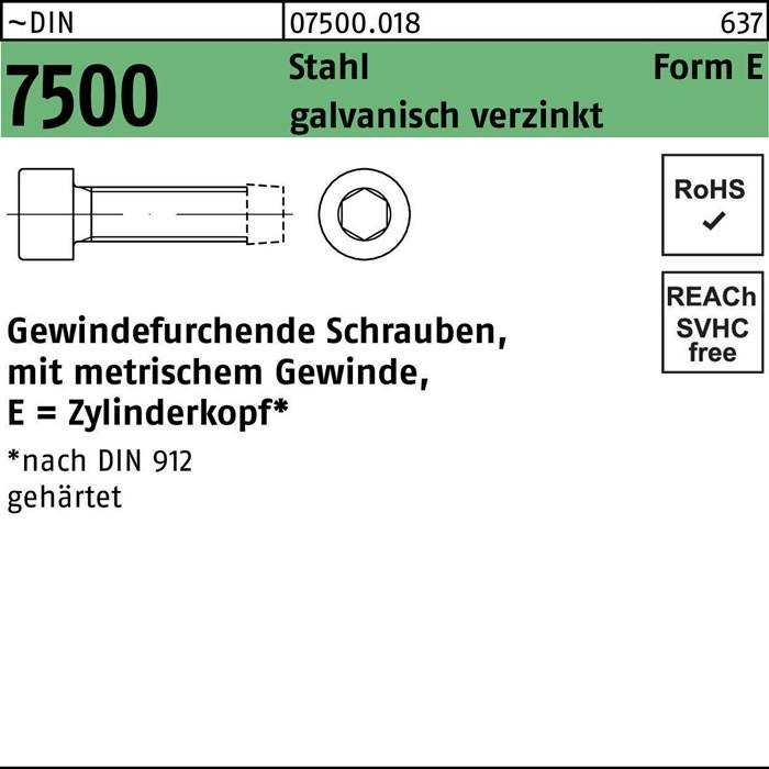 Technische Zeichnung einer Schraube mit zylindrischem Kopf. Text: 'Stahl galvanisch verzinkt', 'gewindefurchende Schrauben'. RoHS- und REACH-konform.