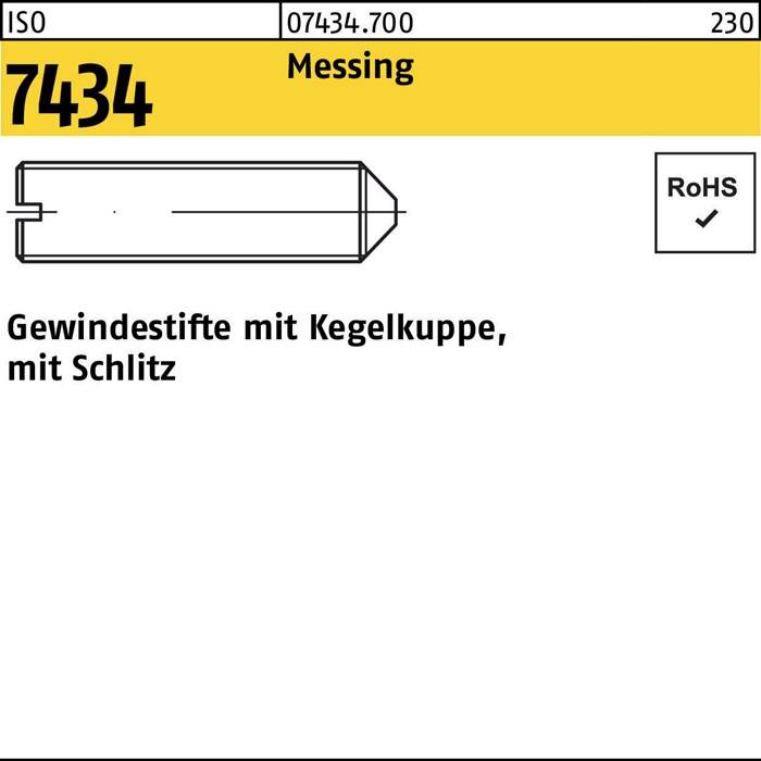 ISO-Norm 7434: Gewindebolzen mit konischer Spitze und Schlitz, Messingmaterial, RoHS-konform.