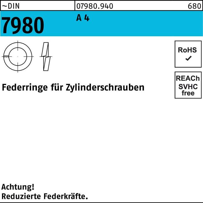 Das Bild zeigt eine technische Zeichnung und Spezifikationen einer Federunterlegscheibe für Zylinderschrauben, mit Konformitätssymbolen und Warnhinweis.