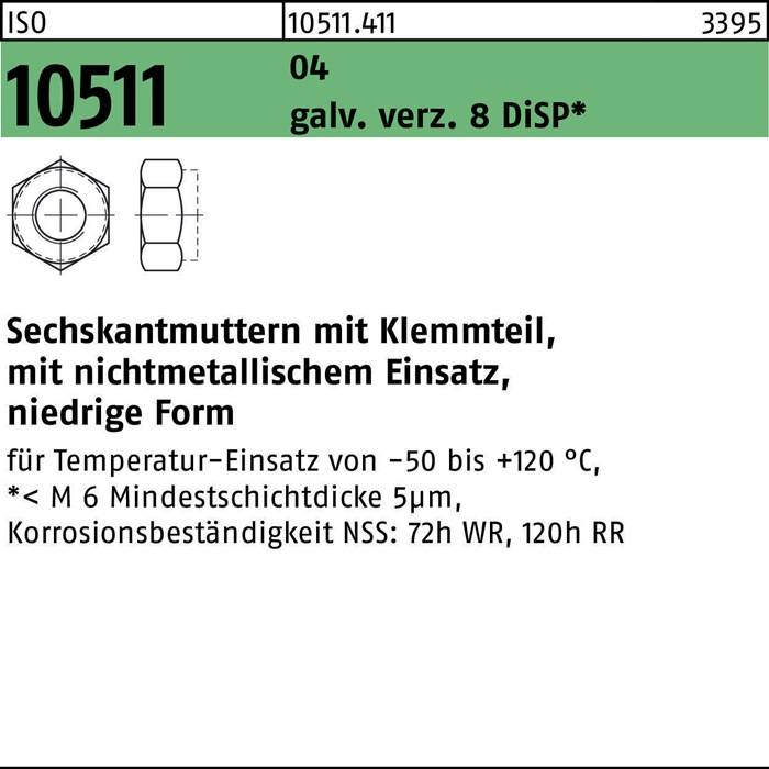 Sechskantmutter ISO 10511 Klemmteil M6 Automatenstahl galv.verz. 8 DiSP 1000St.