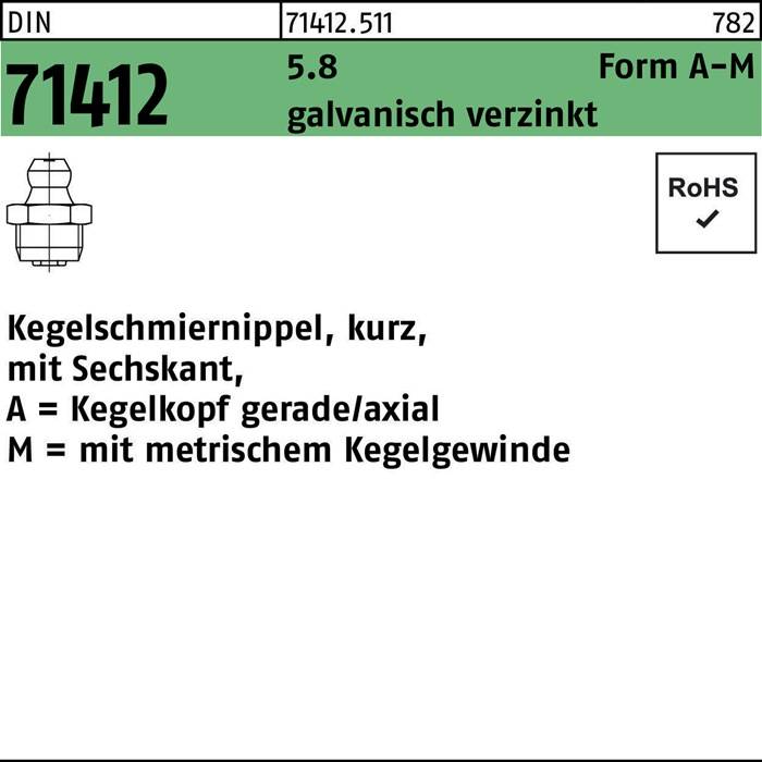 Kegelschmiernippel DIN 71412 FormA-M AM 8x1,25 SW 9 5.8 galv.verz. 100St.