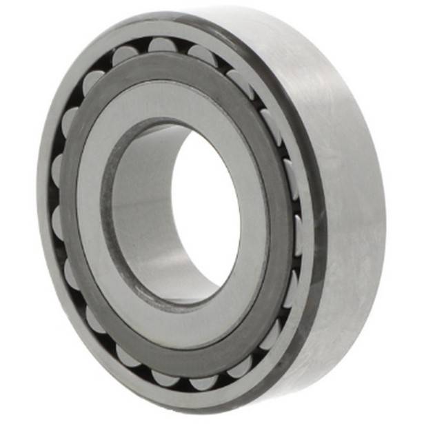 Ein Kugellager aus Metall mit einem Innenring, Außenring und sichtbaren Wälzelementen auf weißem Hintergrund.