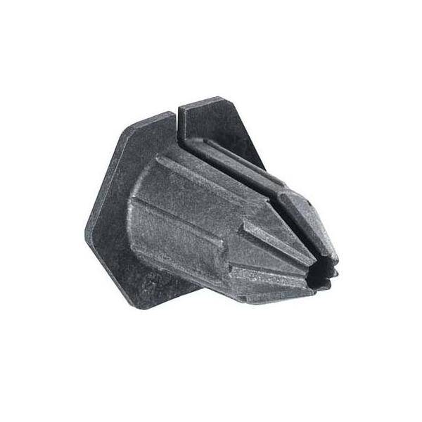 Ein konischer, schwarzer Kunststoff-Wanddübel, der in der Bauwirtschaft üblicherweise verwendet wird, um Schrauben in Trockenwänden zu befestigen. Er besitzt ein ausgestelltes Ende für besseren Halt.