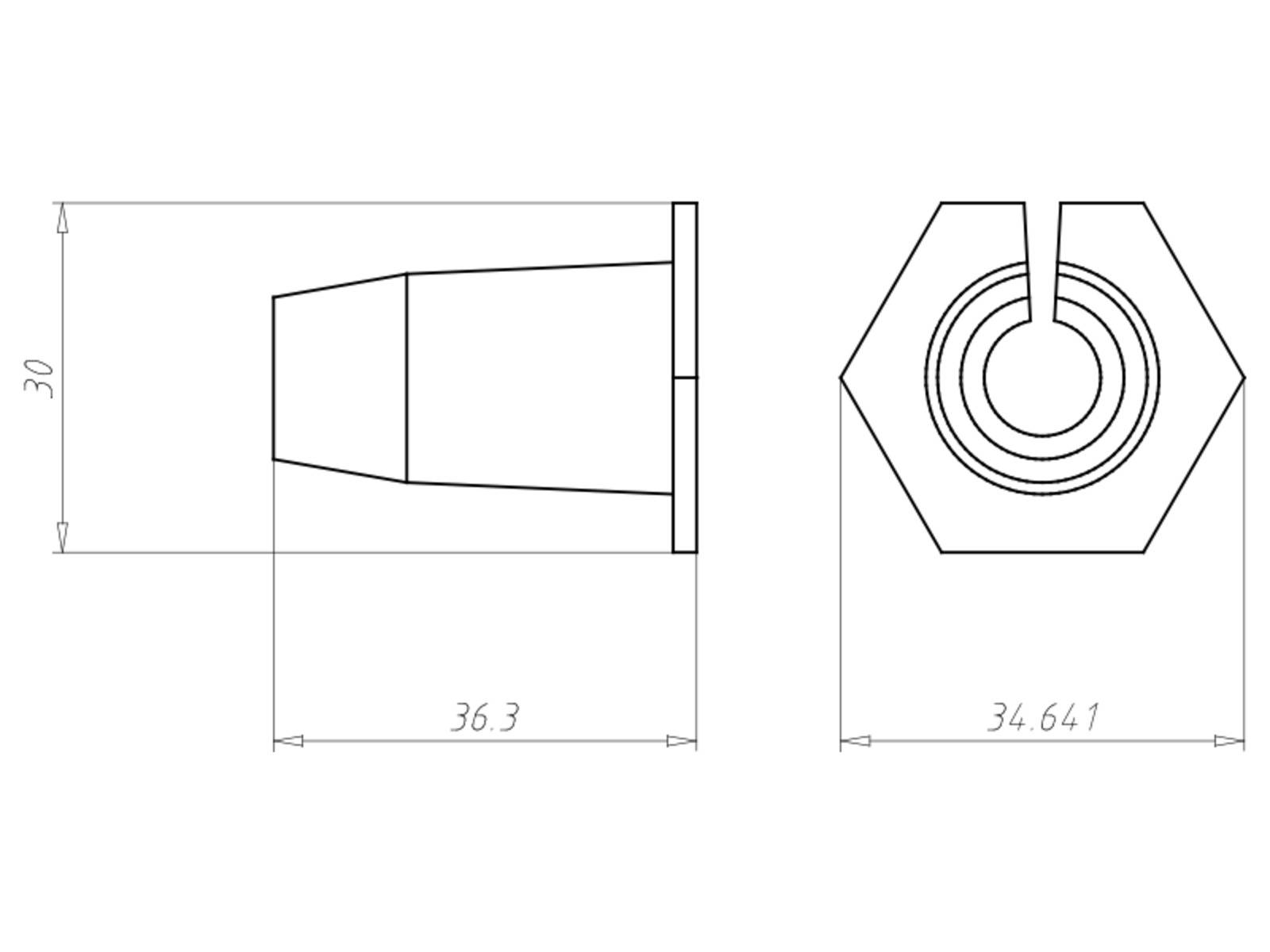 Eine technische Zeichnung, die zwei Ansichten einer zylindrischen Metallmutter zeigt. Die linke Ansicht hebt die Länge von 36,3 mm hervor, und die rechte Ansicht zeigt einen sechseckigen Kopf.