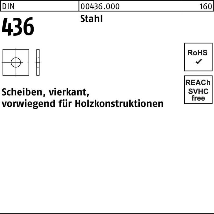 Katalogzeichnung einer quadratischen Scheibe, Produktnummer 0436.000, mit Spezifikationen für Holzbau; RoHS- und REACH-konform.