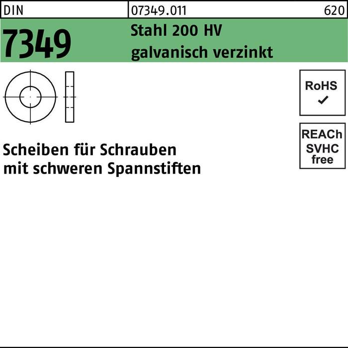 Stahl 200 HV galvanisch verzinkt. Unterlegscheiben für schwere Schrauben, RoHS-konform, REACH-frei. Artikelnummer 07349.011, 620 Stück.