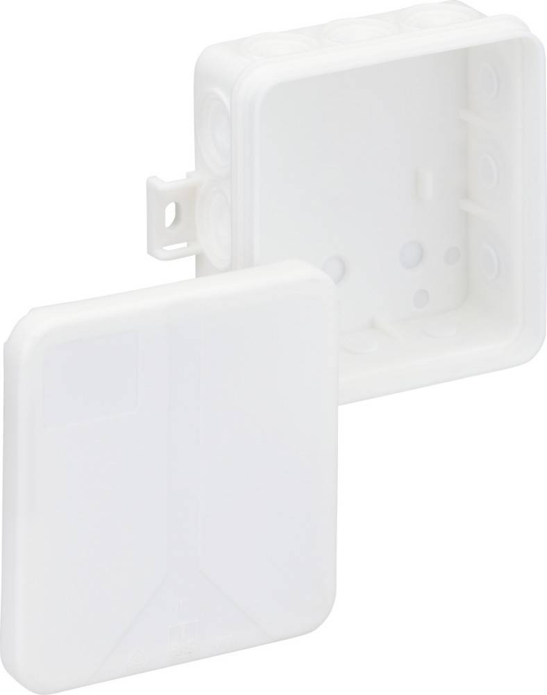 Eine weiße Kunststoff-Wandmontage-Box mit einem offenen Deckel, der kleine kreisförmige Vertiefungen im Inneren offenlegt. Sie scheint eine elektrische Verteilerdose zu sein.