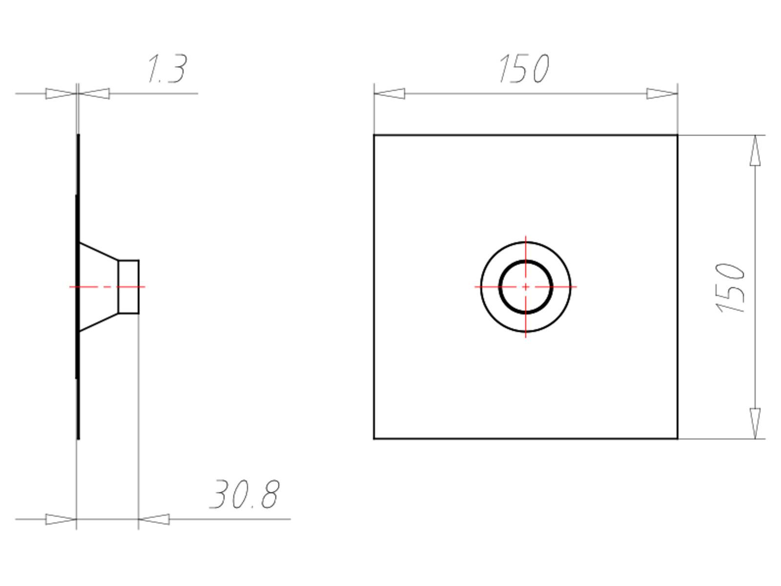 Technische Zeichnung eines quadratischen Bauteils mit beschrifteten Abmessungen: 150 Einheiten Breite, 30,8 Einheiten auf der linken Seite und 1,3 Einheiten für den kleineren Abschnitt.