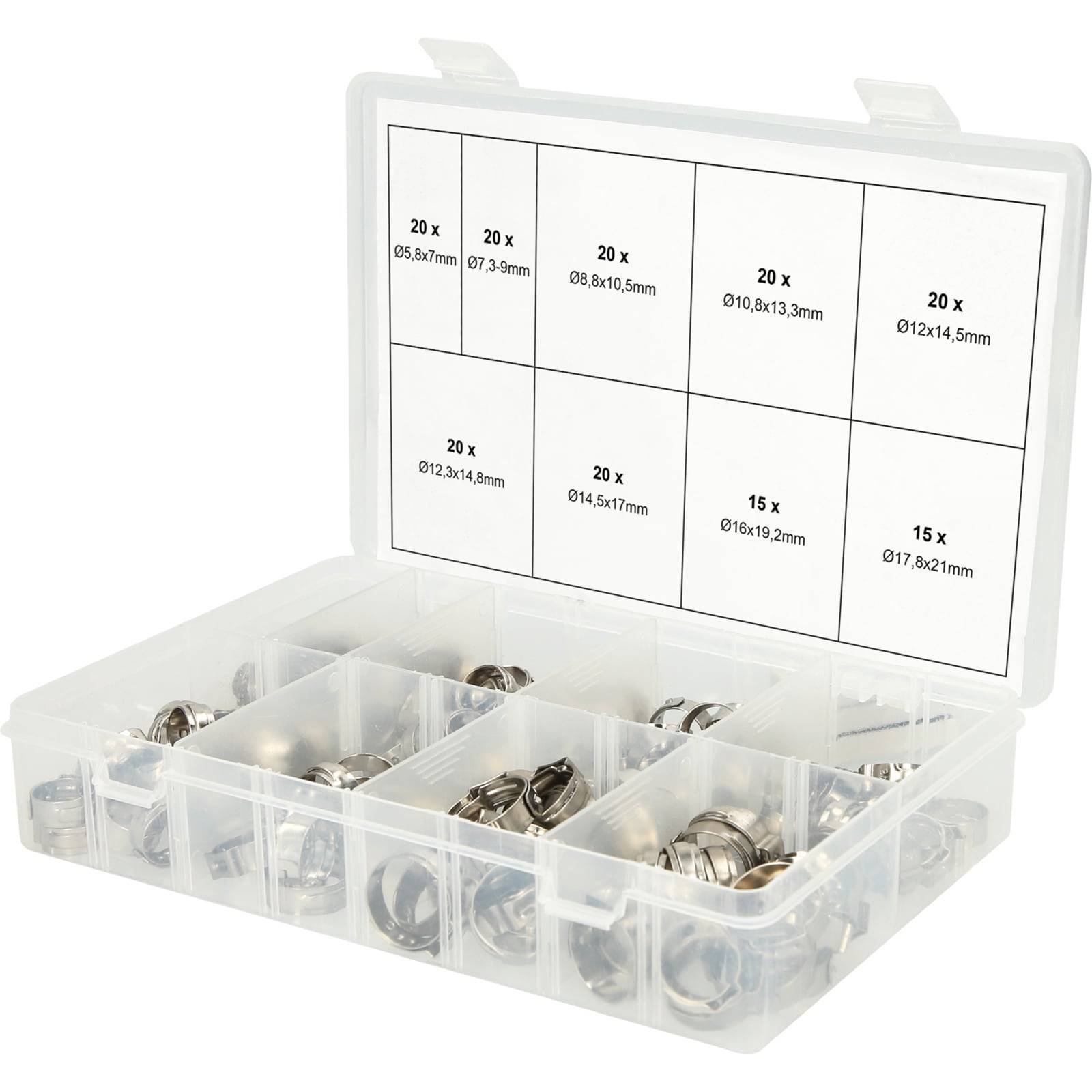 Kunststoff-Sortierbox mit neun Fächern, gefüllt mit Metallklammern, die jeweils mit Größe und Menge beschriftet sind.