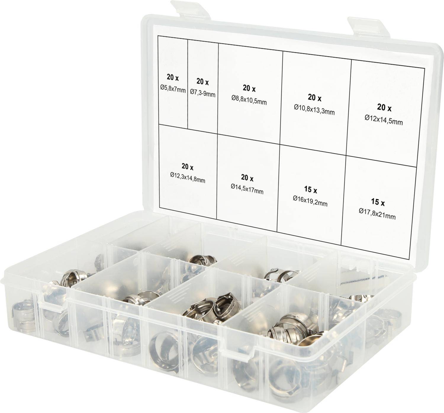 Transparente Kunststoff-Organizer-Box mit Fachbeschriftungen und sortierte Metallunterlegscheiben/Wälzlager nach Größe im Inneren.