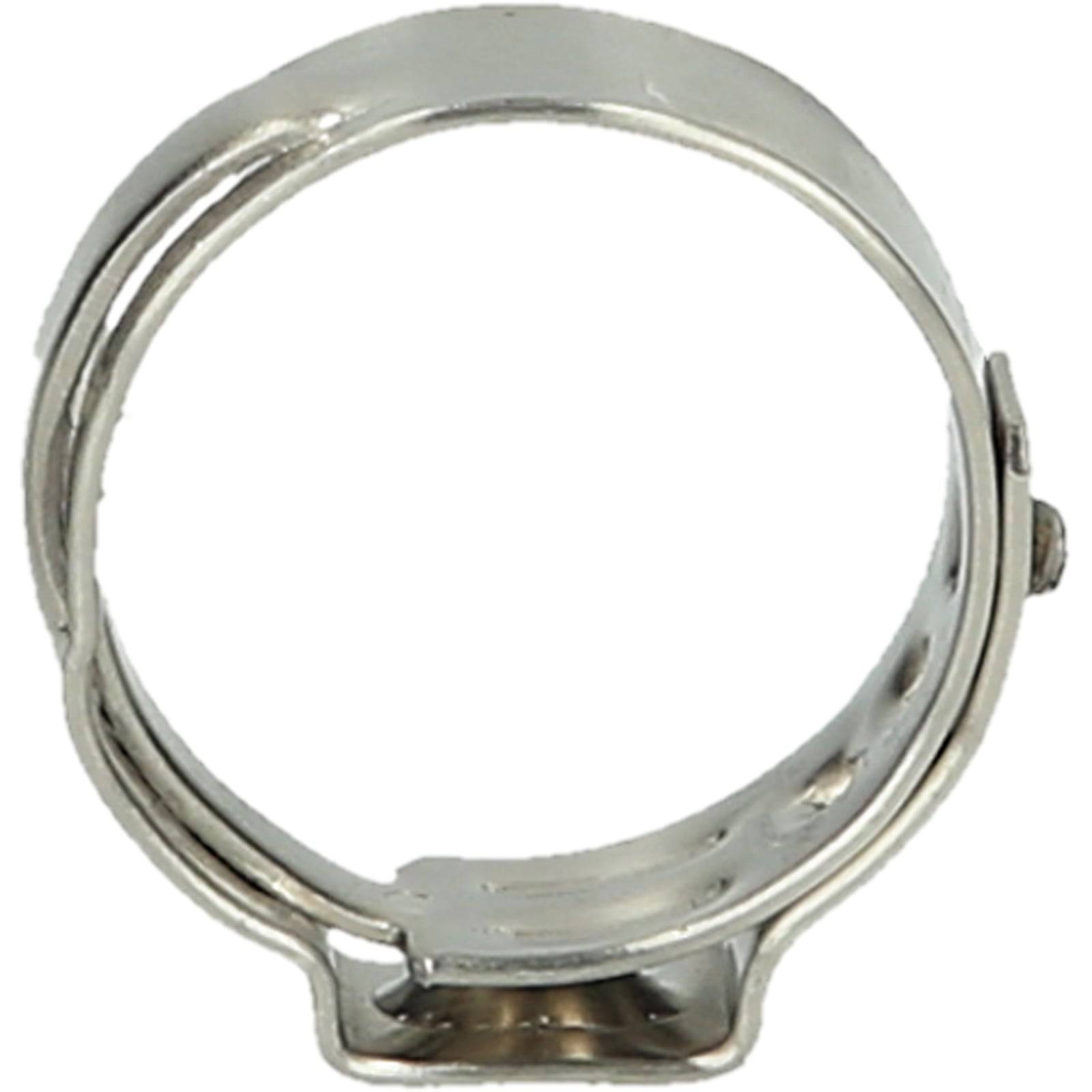Eine Schlauchschelle aus rostfreiem Stahl mit Schraubmechanismus, die zum Befestigen von Schläuchen an Anschlüssen verwendet wird.