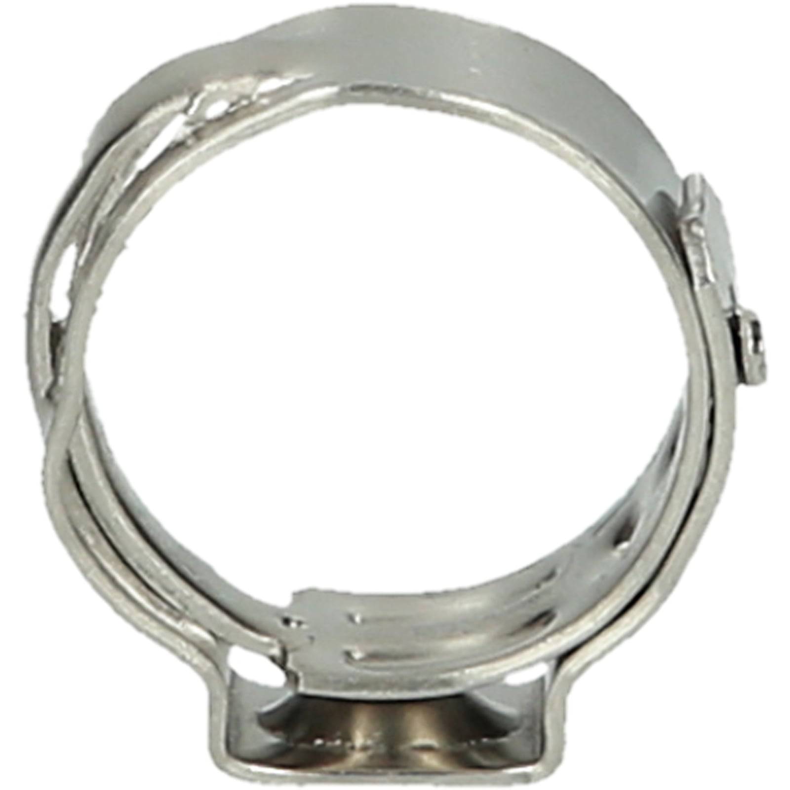 Eine silberne Metallklemme mit einer kreisförmigen Gestalt und einem Verschlussmechanismus.