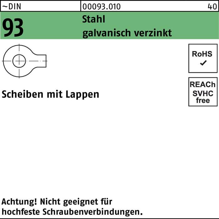 Scheibe mit Klappe, verzinkter Stahl, RoHS- und REACH-konform. Wird bei hochbeanspruchten Schraubverbindungen nicht empfohlen.