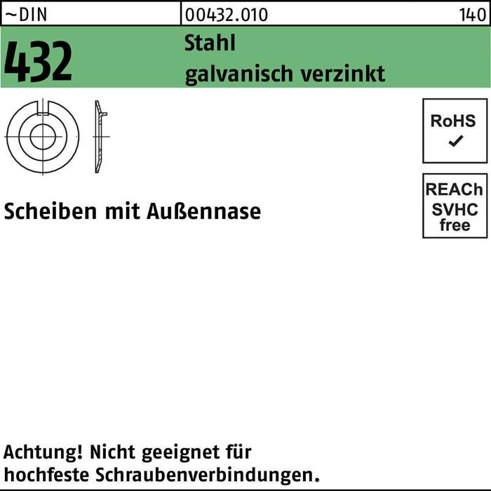 Scheibe DIN 432 Außennase 17 Stahl galv.verz. 50 Stück