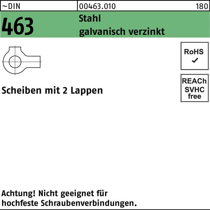 Das Bild zeigt eine technische Zeichnung für Teil 463.010, eine doppelte Unterlegscheibe, hergestellt aus verzinktem Stahl, gekennzeichnet als RoHS- und REACH-konform.
