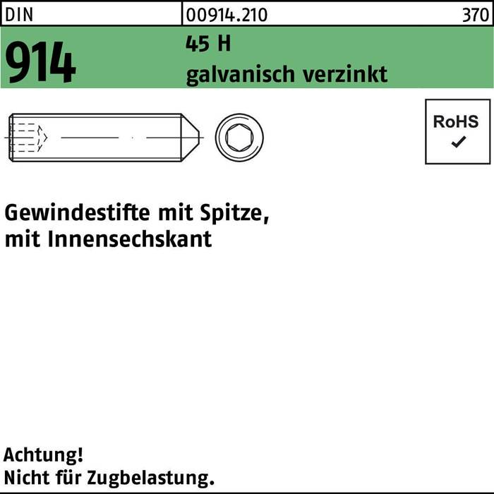 Gewindestifte mit Innensfechskant. Markiert: DIN 914 45 H, galvanisch verzinkt, RoHS-konform