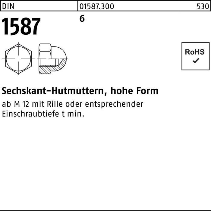 Sechskant-Hutmutter, hohe Form, M 6 Gewinde, RoHS-konform.