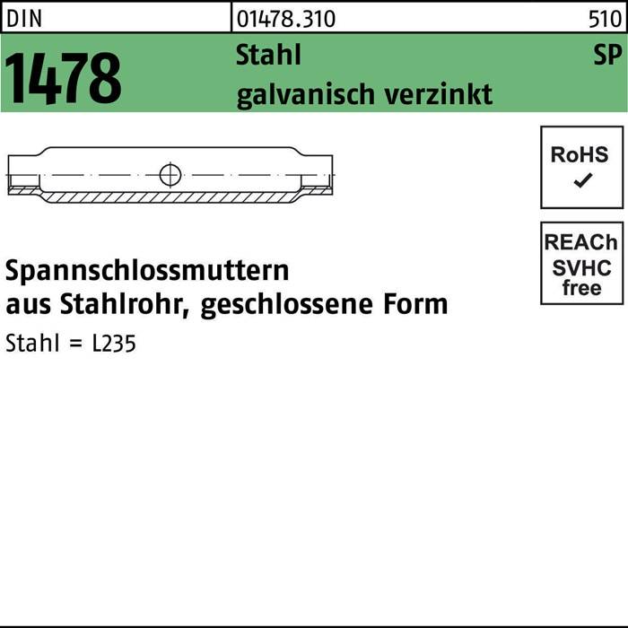 Spannschlossmutter DIN 1478 ÜZ geschlossen SP M8 Stahl 3.6 galv.verz. 10St.