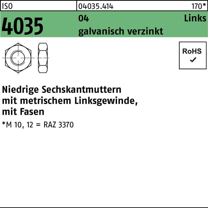 Beschriftung mit einem Mutterndiagramm für Produkt 4035, das eine verzinkte Sechskantmutter mit niedriger Bauform, Linksgewinde, Größe M10, RoHS-konform darstellt.