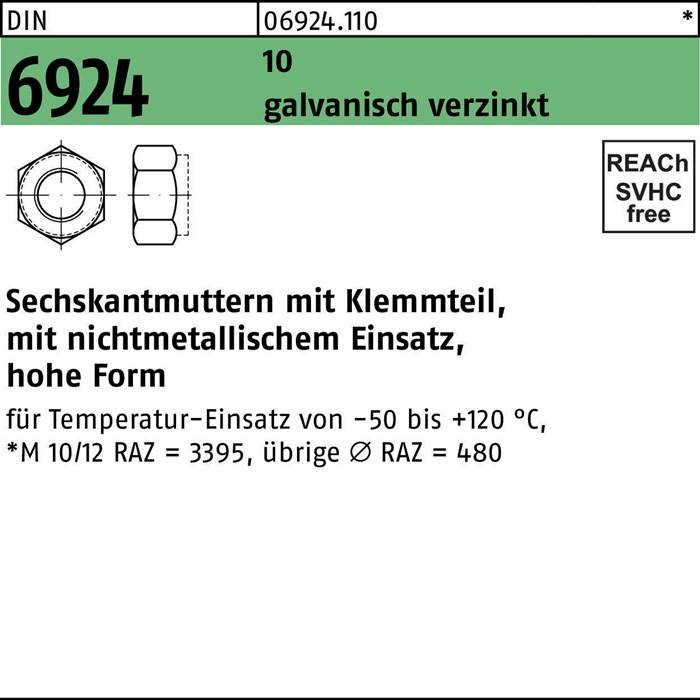 Sechskantmutter mit Kleinteil, geeignet für Nichteisenmetalle bei hohen Temperaturen, Temperaturbereich von -50 bis 120°C.