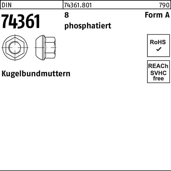 Zeichnung und Spezifikationen einer Sechskantmutter, gekennzeichnet mit '74361', 'Kugelbundmuttern', mit RoHS-Konformität und 'Form A' angegeben.