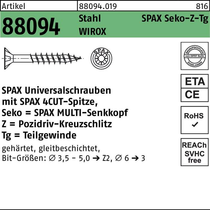 SPAX 4CUT Schraube' in schwarzem Text. Oberer Abschnitt: Modellnummer, Stahl, beschichtet. Etiketten: RoHS, ETA, SVHC-frei. Mitte: Schraubenabbildung, Abmessungen.