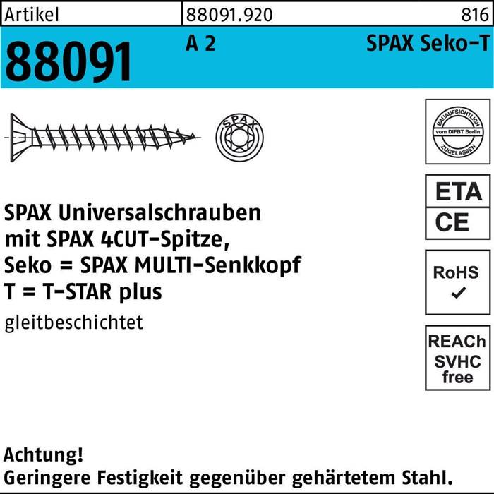 SPAX Universalschrauben mit SPAX 4CUT-Spitze, T = SPAX MULTI-Senkopf, gleitbeschichtet. Geringere Festigkeit gegen Bruch.