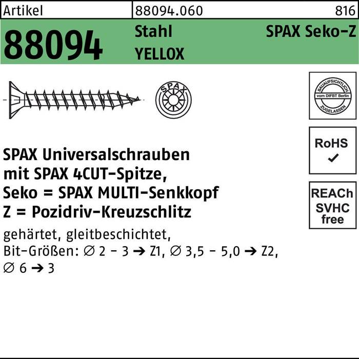 SPAX 4 Universalschrauben mit SPAX CUT Spitze, Zink-Kobalt Kreuzschliff, geeignet für Trockenbau, Größenbereich Ø2-3 bis Ø6.