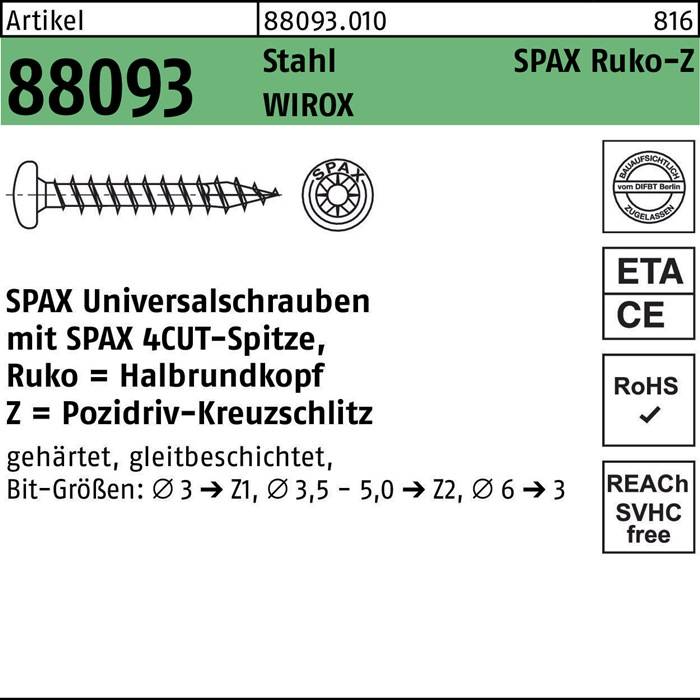 SPAX 4CUT Schrauben mit Teilgewinde, Pozidriv Senkkopf. Verzinkt, verschiedene Größen; Ø 3 bis 6.