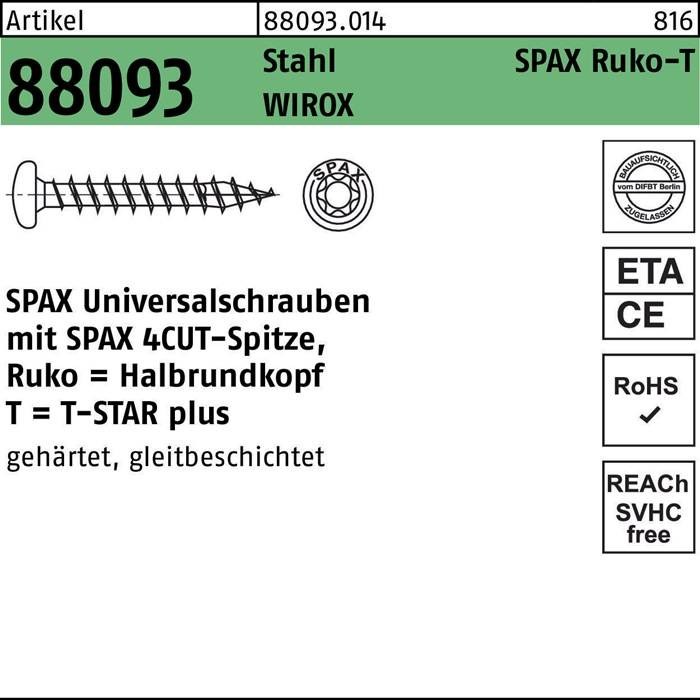 Verpackungsbild von SPAX Schrauben mit Text zur Modellspezifikation (8809314), Größe (T 8-93), Merkmalen ('4CUT' und 'STARS' Kopf) und Zertifizierungen (ETA, CE, RoHS, SVHC-frei).