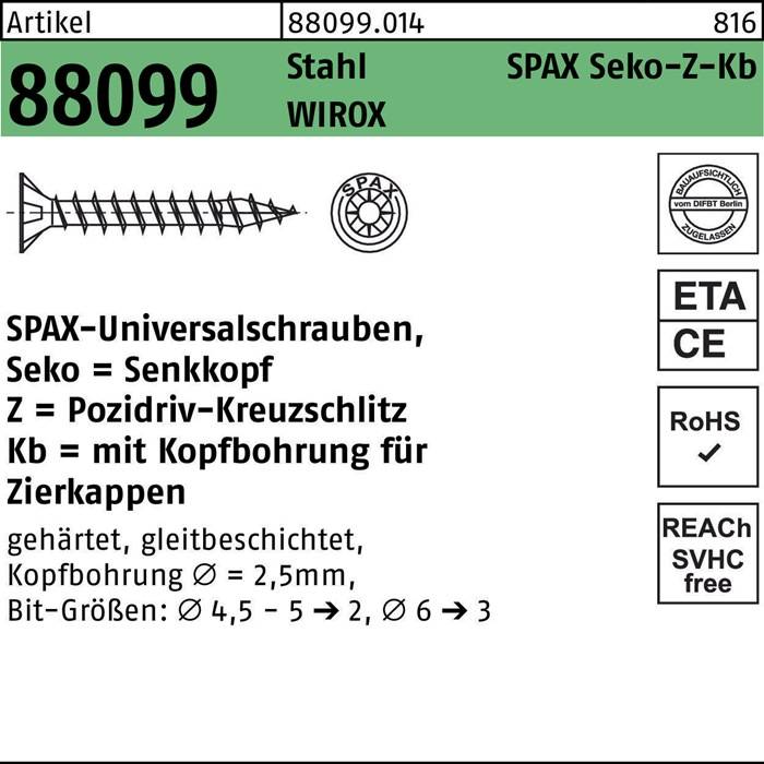 Artikelnummer 88099, Kreuzschlitz-Senkschraubenkopf, Delta-verzinkt, Stahl Wirox. Durchmesser: 4.5, 5, 6 mm. Länge: 25, 30 mm. ETA und RoHS zertifiziert.