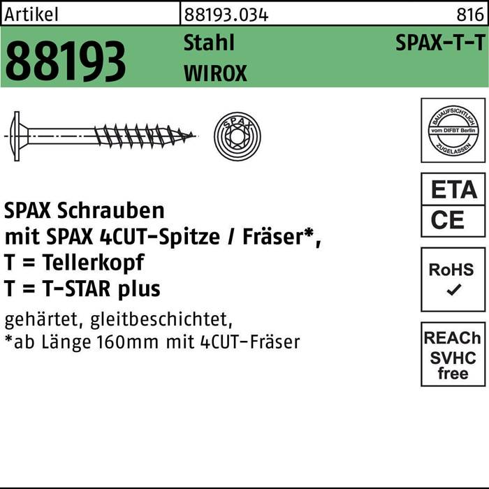 Tellerkopfschraube R 88193 Spitze/T-STAR 8x180/80-T40 Sta verz. WIROX 50St. SPAX