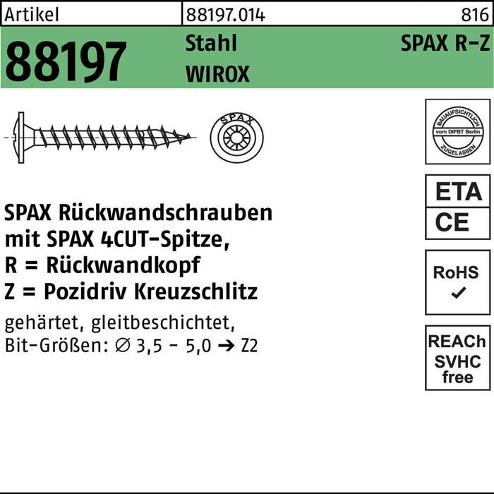 SPAX Rückwandschrauben mit SPAXCUT-Spitze, Z = Pozidriv Kreuzschlitz, Bit-Größe: Ø 3,5 - 5,0 mit CE-, RoHS- und SVHC-freien Logos.