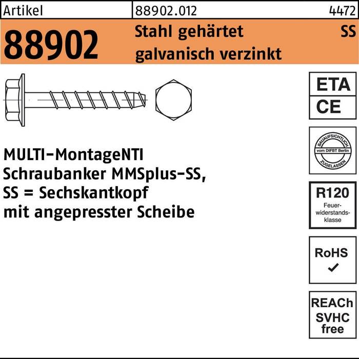 Das Bild zeigt eine technische Produktetikette mit der Teilenummer '88902', die eine Schraubanker vom Typ MTSplus-SS mit einer gepressten Scheibe aus einsatzgehärtetem, verzinktem Stahl anzeigt. CE-Kennzeichnung ist vorhanden.