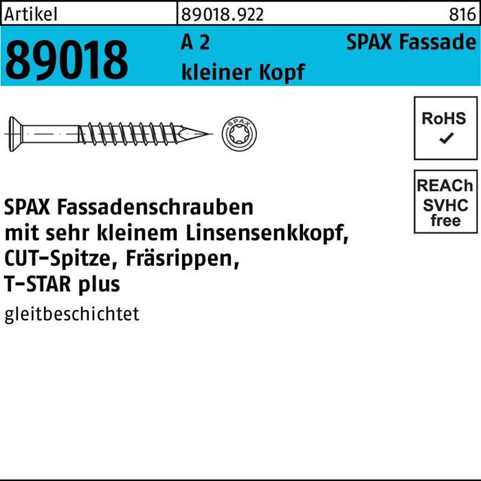 SPAX Schraubenverpackung mit Produktcode 89018. Merkmale umfassen einen kleinen Kopf, T-STAR plus und Gleitbeschichtung. Zertifiziert als RoHS- und SVHC-frei.