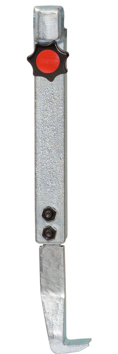 Metallhaken-Verriegelung mit einem roten sternförmigen Knopf auf einer langen rechteckigen Stange, mit einem hakenförmigen unteren Ende und zwei Bolzen am unteren Ende.